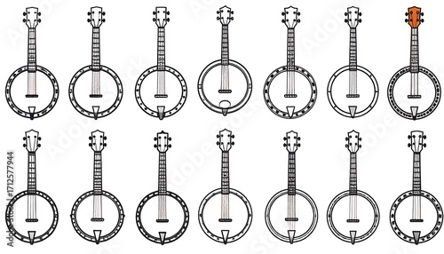 Simple line drawings of various banjos