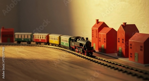 Miniature toy train set and red toy buildings, sitting on a simple wood flooring, faint light in the background, warm yellow tones