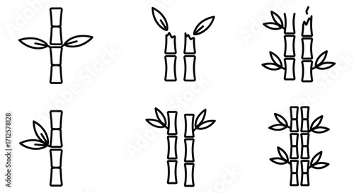 Vector art of collection of bamboo stalk icons in various arrangements, showcasing different perspectives and styles for natural design