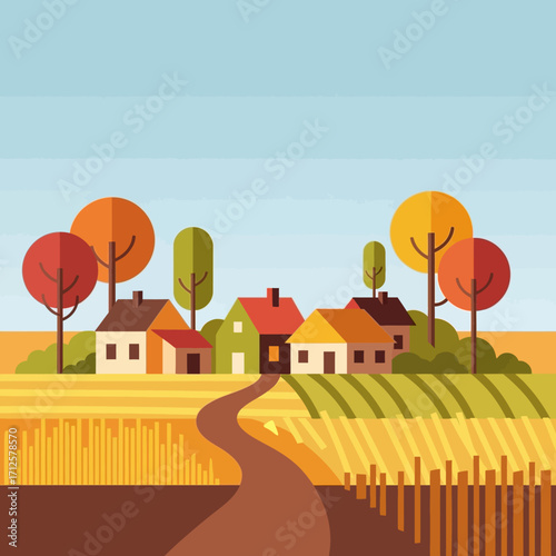 Autumn Village Scene with Farm and Trees