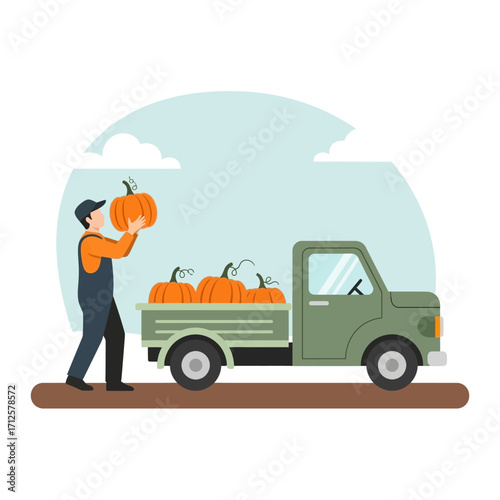 Farmer loading pumpkins into a truck
