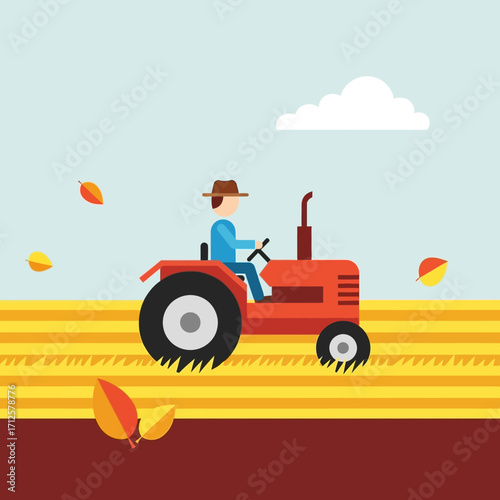 Autumn Farming Farmer on Tractor in Golden Field
