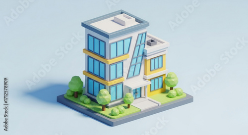 Isometric office building illustration a detailed vector illustration of a modern office building with trees and landscaping