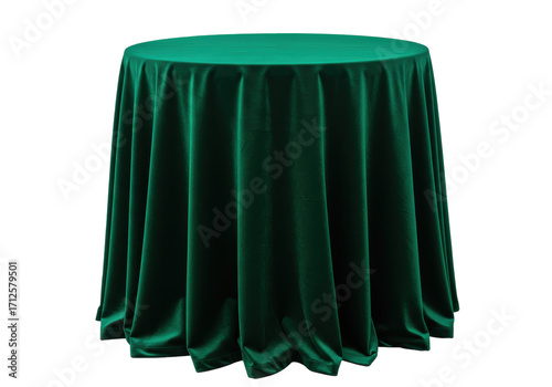 Isolated green velvet tablecloth drapery around round table for party or wedding events