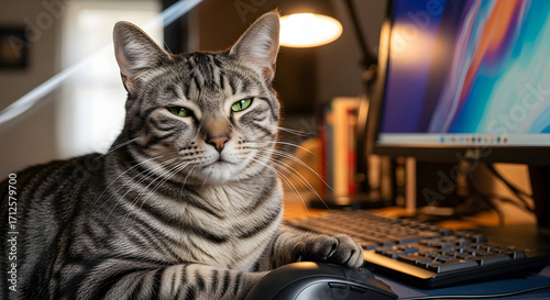 A tabby cat working on a computer with a focused and determined expression is funny