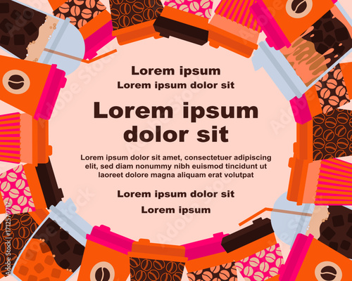 A vibrant background illustration of various disposable coffee cups, with a text placeholder. Ideal for banners, brochures, covers, greeting cards, invitations, posters, and other design templates. 