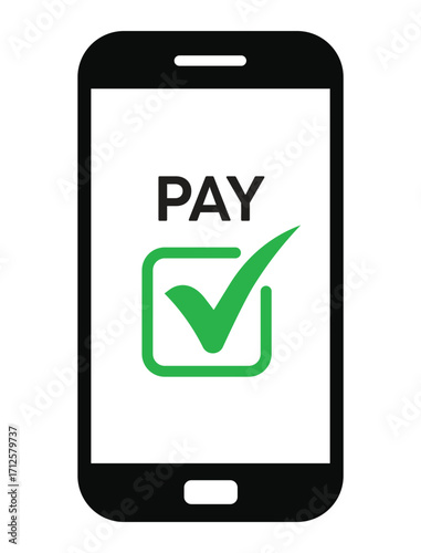 Vector illustration of a smartphone with "PAY" text and a green checkmark, symbolizing successful mobile payment confirmation. Clean, flat design on white background.