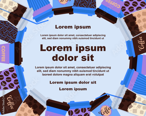 A vibrant background illustration of various disposable coffee cups, with a text placeholder. Ideal for banners, brochures, covers, greeting cards, invitations, posters, and other design templates. 