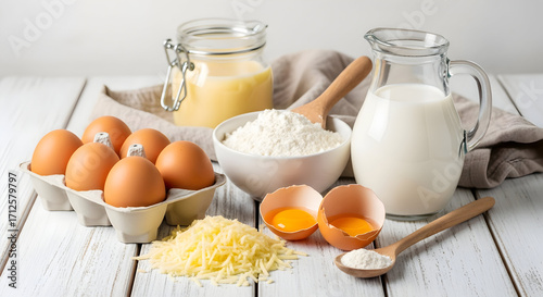 Ingredients arranged for preparing a delicious and nutritious meal on a wooden surface
