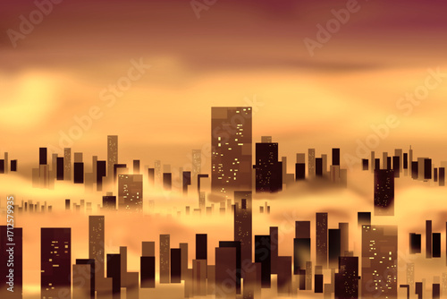 sunset view over foggy city