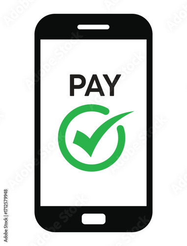 Vector illustration of a smartphone with "PAY" text and a green checkmark, symbolizing successful mobile payment confirmation. Clean, flat design on white background.