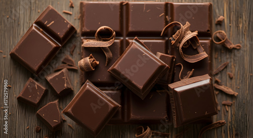 Indulgent Delight: A close up shot showcasing rich dark chocolate with delicate curls on rustic wood