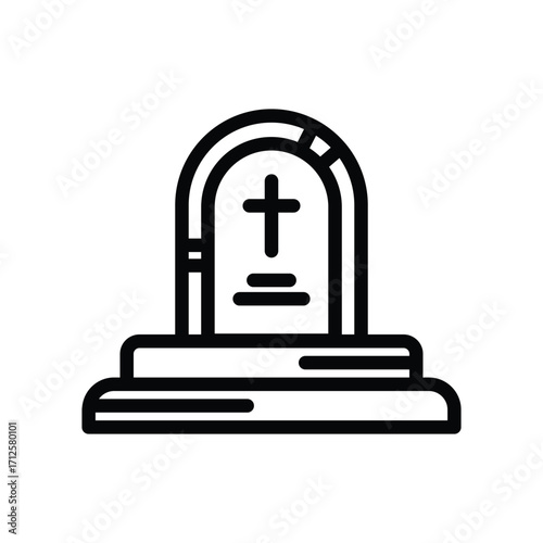 A black outline illustration of a tombstone with a cross on a rectangular base. Line icon. Editable stroke