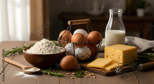 Rustic Baking Ingredients Still Life: Flour Eggs Milk and Cheese Preparation on Wooden Table