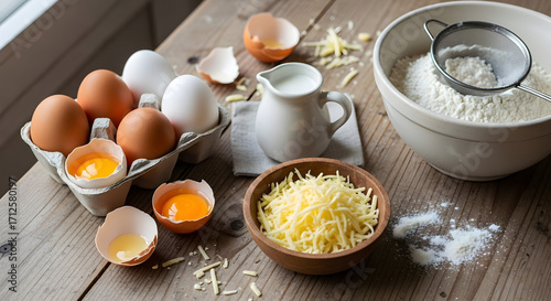 Ingredients for baking concept with eggs, flour, cheese and milk on a wooden table top