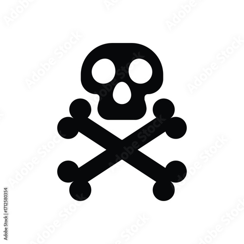 A black skull with empty eye sockets is placed above two crossed bones