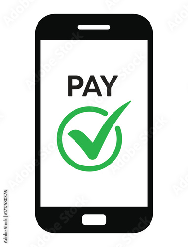 Vector illustration of a smartphone with "PAY" text and a green checkmark, symbolizing successful mobile payment confirmation. Clean, flat design on white background.