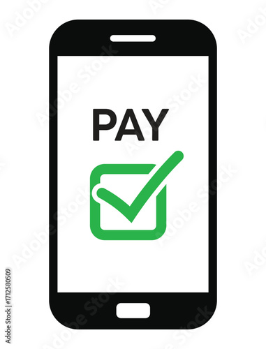 Vector illustration of a smartphone with "PAY" text and a green checkmark, symbolizing successful mobile payment confirmation. Clean, flat design on white background.