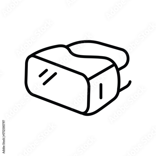 A blackandwhite drawing depicts a virtual reality headset. Line icon. Editable stroke