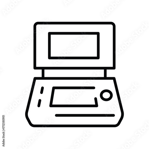 A blackandwhite line drawing depicts a machine with a screen and buttons. Line icon. Editable stroke