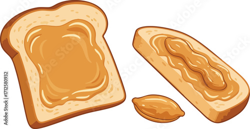 A cartoon illustration of creamy peanut butter spread on two slices of white bread, accompanied by a single peanut.