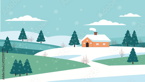 Snowy winter scene with house and pine trees