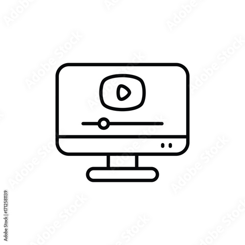A blackandwhite vector icon of a computer monitor displaying a play button and progress bar. Line icon. Editable stroke
