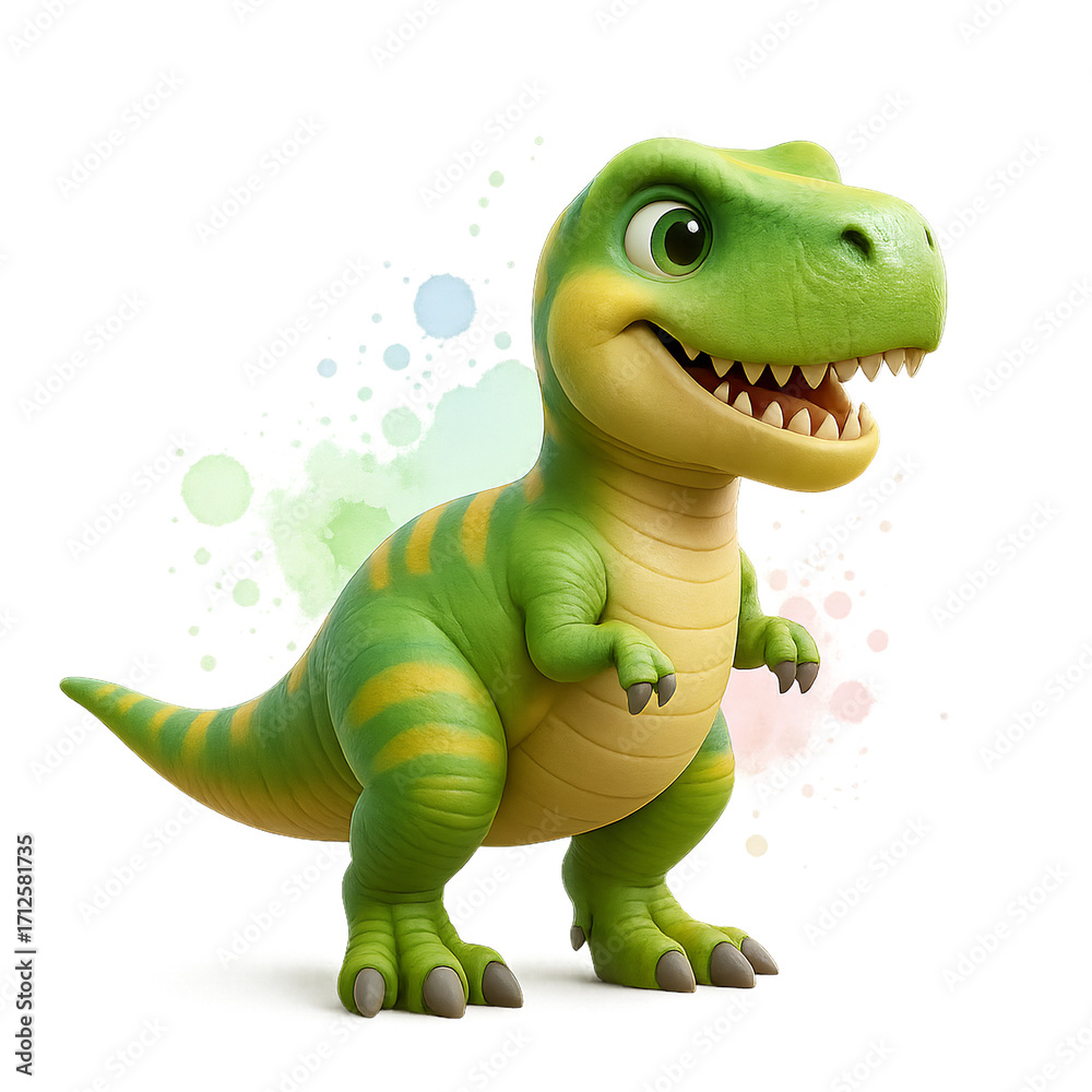 Fototapeta premium Adorable 3D green dinosaur character icon with a happy expression. Cute prehistoric T-rex mascot illustration isolated on a transparent background