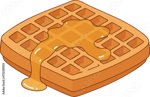 Isometric waffle with syrup, a delicious breakfast treat, cartoon style illustration.