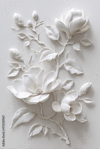 Elegant white magnolia flowers with buds and leaves in a delicate embossed 3d decorative design on a light background