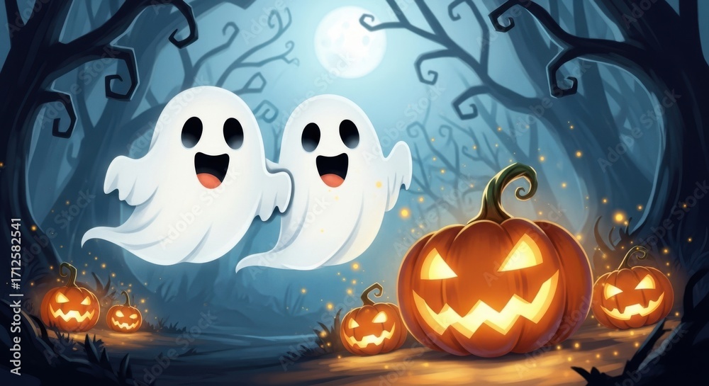 Fototapeta premium Two cute ghosts and jackolanterns in a spooky forest at night