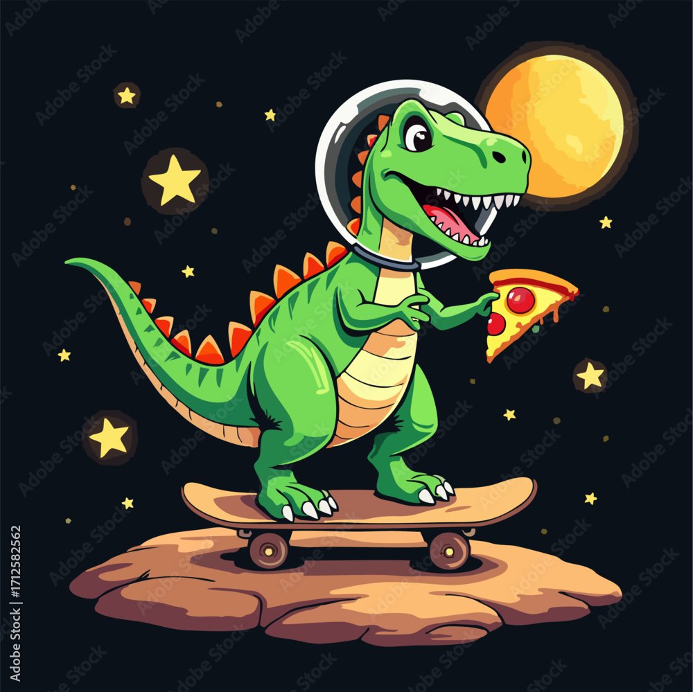 Obraz premium Vector drawing for children, teenager t-shirt. Cute green dinosaur in space with pizza, star, moon, asteroid on skateboard isolated on black background. Cartoon design for fabric, paper, clothing.