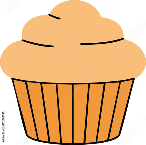 A simple, cartoon-style illustration of a single, frosted cupcake in an orange wrapper.