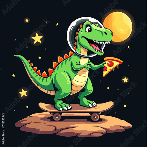 Vector drawing for children, teenager t-shirt. 
Cute green dinosaur in space with pizza, 
star, moon, asteroid on skateboard 
isolated on black background. Cartoon 
design for fabric, paper, clothing.