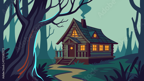 Creepy Night Background with Haunted Wooden Cabin in the Woods