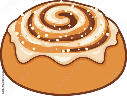 Cartoon illustration of a cinnamon roll with icing and sprinkles.