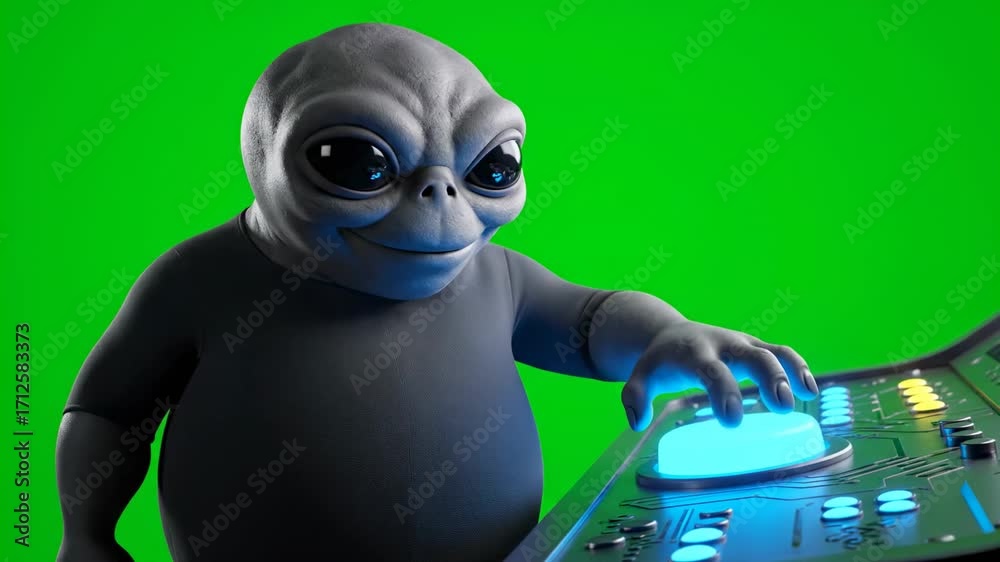 Whimsical alien character joyfully presses a glowing red button on a ...