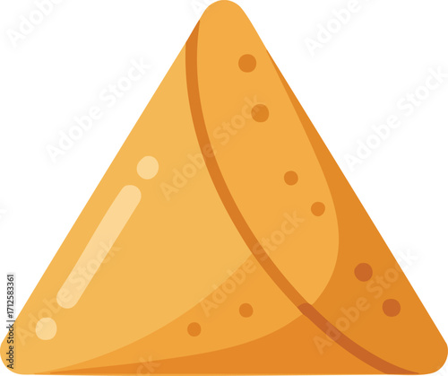 A triangular pastry, likely a samosa, with a golden-brown crust and visible air bubbles.