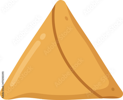 A cartoon illustration of a golden-brown triangular pastry or dumpling, possibly a samosa or a similar baked snack.