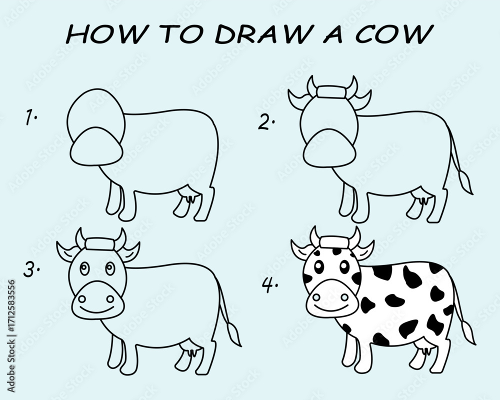 Obraz premium Step by step to draw a Cow. Drawing tutorial a Cow. Drawing lesson for children. Vector illustration.