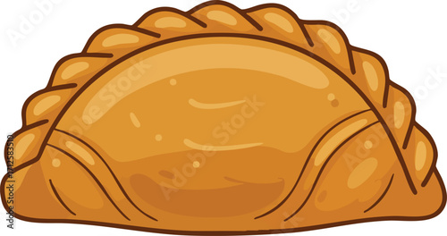 Cartoon illustration of a golden-brown empanada with crimped edges.