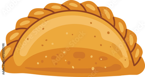 Close-up of a golden-brown, half-moon-shaped pastry, likely a curry puff.