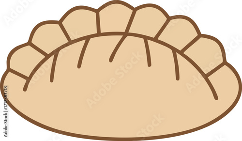 A simple, stylized illustration of a single, golden-brown dumpling with crimped edges and subtle interior lines.