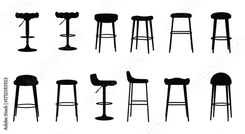 Various bar stool designs presented in a simple black and white silhouette