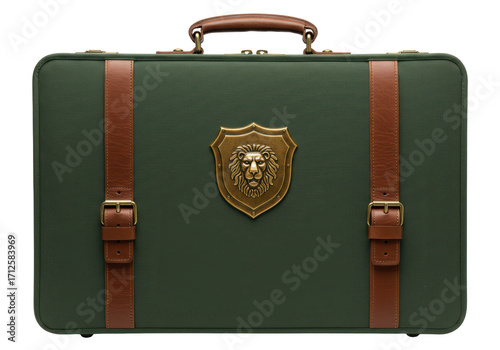 Isolated Green Briefcase with Leather Straps and Lion Emblem, Vintage Travel Luggage