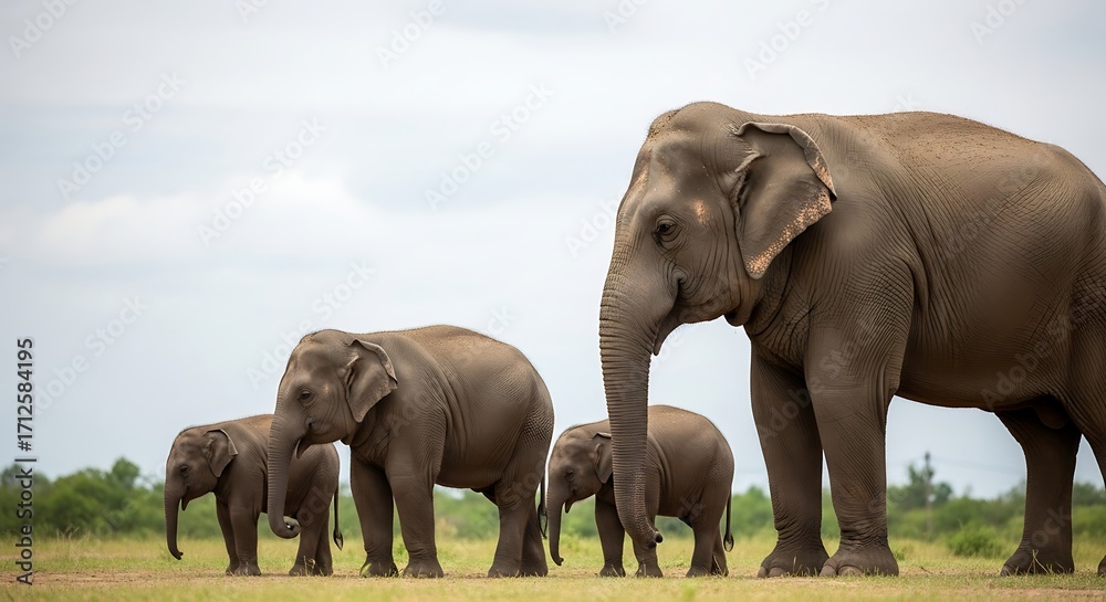 Naklejka premium Family of Asian Elephants in a Lush Meadow.