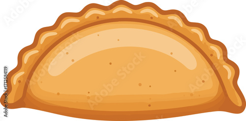 A golden-brown, crescent-shaped pastry with a crimped edge, likely a baked empanada or turnover.