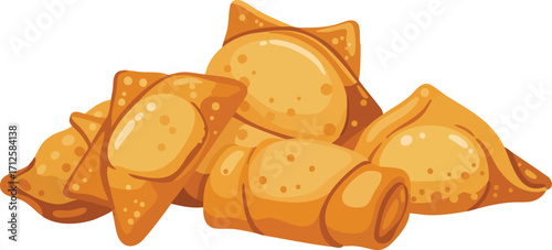 A cartoon illustration of a pile of golden fried Asian appetizers, including crispy wontons and spring rolls.