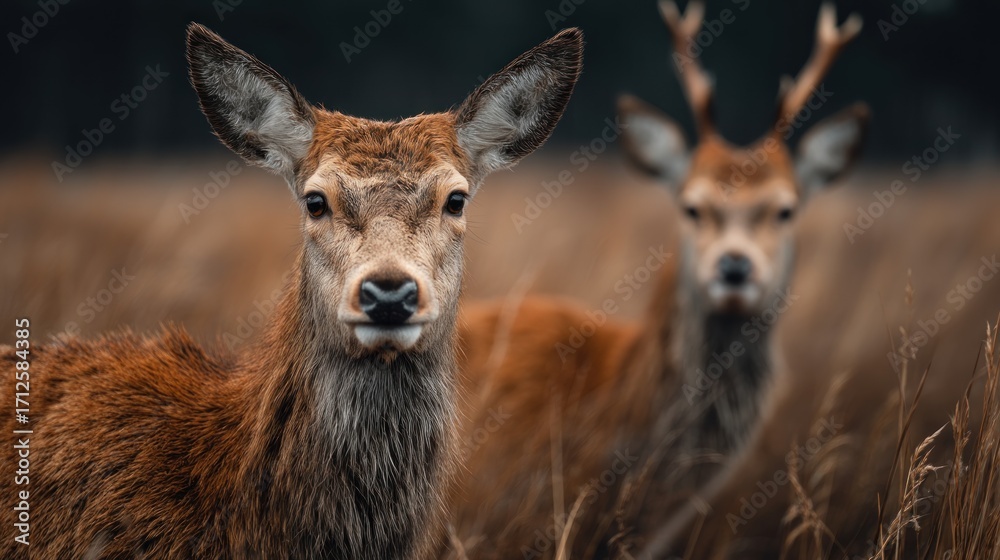 Fototapeta premium Two Red Deer Gazing from the Autumnal Meadow, Tranquil Wildlife Scene