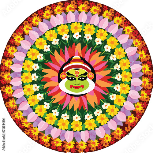 Cultural Illustrations: Indian Art & Ritual Objects Vector illustration -- Kathakali Face Pookalam Design | Onam Celebration Art